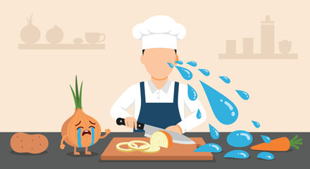 A humorous illustration of a chef crying while cutting onions, with a sad cartoon onion and tears flying, depicting a common kitchen struggle.