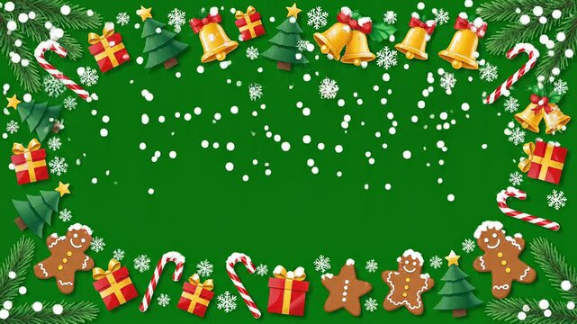 Animated christmas holiday border frame with snowflakes bells gifts and candy canes green screen background