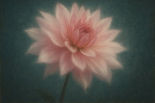 Soft focus pink dahlia bloom against a deep teal textured backdrop with subtle light speckles, flower photography - Powered by Adobe