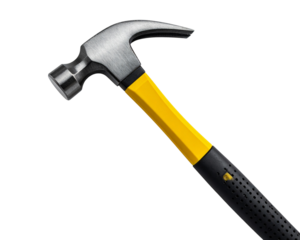 Hammer, isolated on transparent background, centered product photo, black and yellow, 