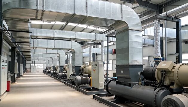 Industrial machinery, air conditioning units, ventilation systems, large factory environment, machinery,.