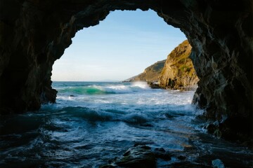 Ocean view through a sea cave arch with waves crashing against rocky shore