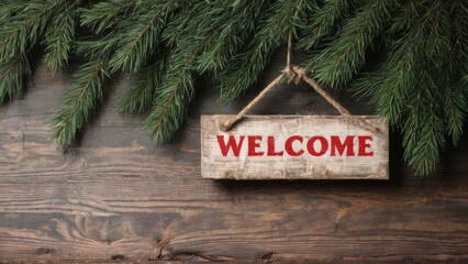 Rustic wooden WELCOME sign hanging from pine tree branch in festive flat lay, dark textured background.