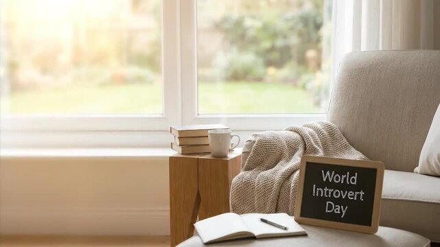 A serene and inviting indoor scene bathed in soft, natural sunlight streaming through a large window, offering a blurred view of lush greenery outside. A cozy armchair, draped with a warm, textured kn
