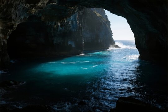 A sea cave with turquoise water and natural arch opening to the ocean - Powered by Adobe