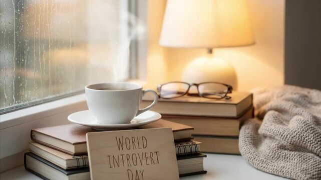 A serene and inviting indoor scene, perfect for a cozy retreat, featuring a steaming cup next to a window with visible rain streaks outside. A stack of classic books, complete with reading glasses res
