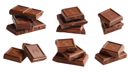 Chocolate pieces stacked on a white isolated background