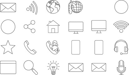Communication icons, technology symbols, interface tools, digital connectivity, mobile devices, email, Wi-Fi, search, support, browser, idea, network, phone