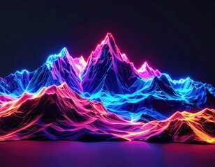Glowing, wireframe mountains against dark backdrop