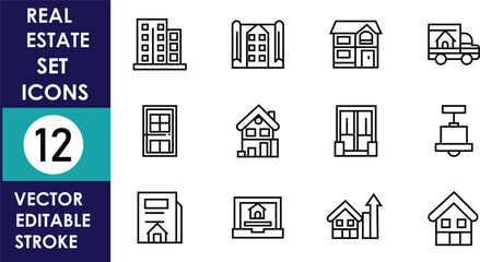 Clean line-art real estate icon set featuring buildings, houses, apartments, and moving services displayed in a minimalist grid layout with editable stroke design elements