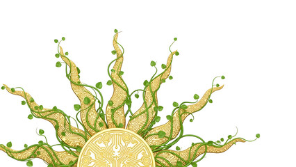 Golden Sun with Vine Pattern Ornament Isolated on White, Luxury Organic Design Element