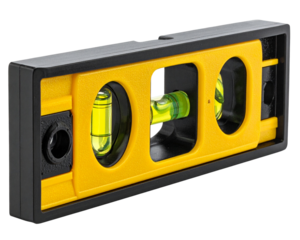 Spirit level isolated on transparent background, centered product photo, black and ye