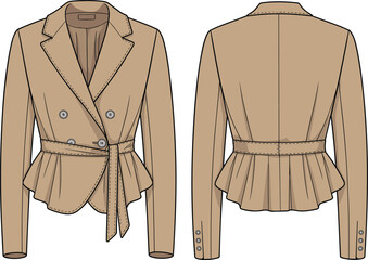 Beige peplum jacket fashion sketch, double-breasted design, tie belt waist, pleated back, technical illustration, garment construction, sewing pattern
