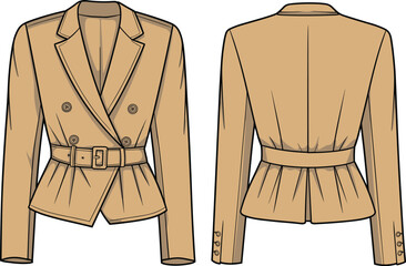 Camel blazer fashion sketch, double-breasted design, belted waist, pleated silhouette, technical illustration, garment construction, sewing pattern, clothing design