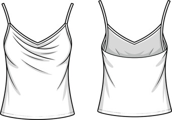 Camisole top fashion sketch, draped neckline, spaghetti straps, technical illustration, garment design, sewing pattern, elegant silhouette, clothing design