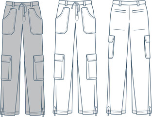 Cargo pants fashion sketch, drawstring hem, patch pockets, belt loops, technical illustration, garment design, sewing pattern