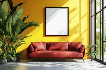 modern interior with a vibrant yellow wall, sofa, poster frame, and plants, showcasing minimalist home design, Generative AI
