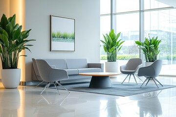 modern office waiting room with chairs, a couch, and a coffee table, all set against a white background for a sleek and professional look, Generative AI