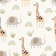 Cute safari animals seamless pattern with elephants, giraffes, and rainbows in soft pastel tones. Vector Illustration for kids textiles, nursery decor, baby apparel and gift wrap designs