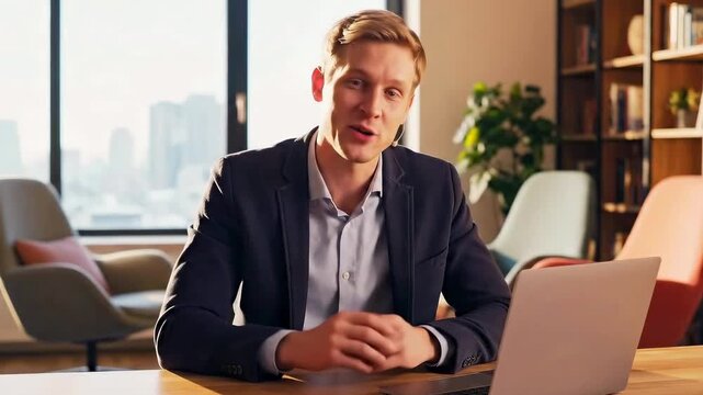 White businessman at desk presenting live warm lit modern office, laptop on desk, city skyline visible through window, bookshelf and plant in background, friendly confident tone with animated hand