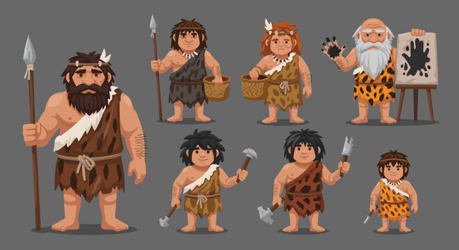Diverse collection of pixel art cavemen characters, including hunters with spears, gatherers with baskets, and an elderly artist painting.