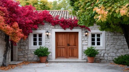 Stone house entrance with vibrant autumn vine foliage