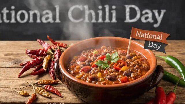 A steaming bowl of vibrant chili, rich with minced meat, colorful beans, corn kernels, and bell peppers, takes center stage on a rustic wooden table. Plumes of appetizing steam rise from the earthenwa