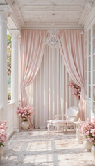 Charming veranda with elegant white columns and soft pink curtains creates serene atmosphere. white chair and potted pink flowers add to romantic, peaceful setting