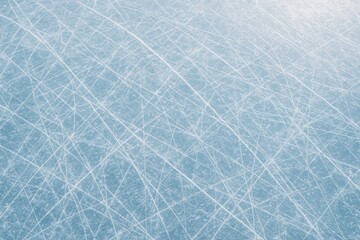 Close up of scratched ice surface background with crisscrossing skate marks and frosty textures, winter sport textures