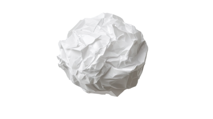 Crumpled paper ball with deep creases and uneven folded texture showing detailed wrinkled surface structure isolated on white background