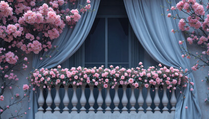 Charming balcony adorned with pink flowers and elegant blue curtains creates serene and romantic atmosphere. floral arrangement enhances classic architectural design, offering peaceful retreat