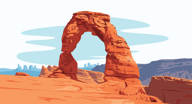 Majestic pixel art landscape featuring Delicate Arch, a famous natural sandstone arch, in a desert park under a clear blue sky.