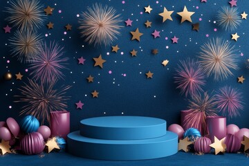 podium surrounded by festive fireworks and stars on a blue background, symbolizing celebration and independence, Generative AI