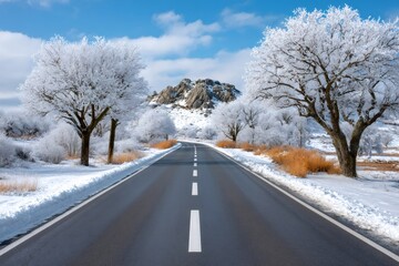 Fototapeta premium Winter road passing through hoarfrost covered trees landscape