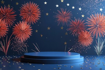 podium surrounded by festive fireworks and stars on a blue background, symbolizing celebration and independence, Generative AI