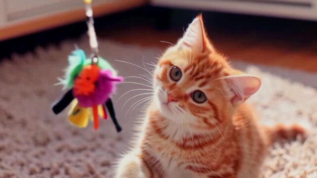 ginger kitten playing with colorful toy on soft carpet in warm sunlight, curious wide eyes reaching paw to feather wand, gentle pounce and batting, cozy home mood perfect for pet and lifestyle content