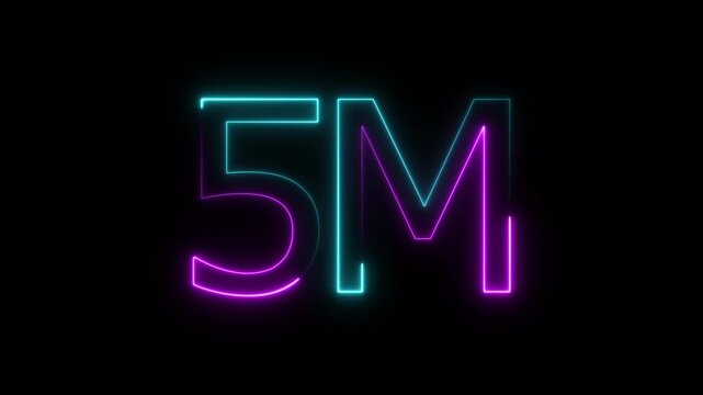 glowing neon 5m followers Celebration text animation. 5m animation neon text effect video motion on transparent background