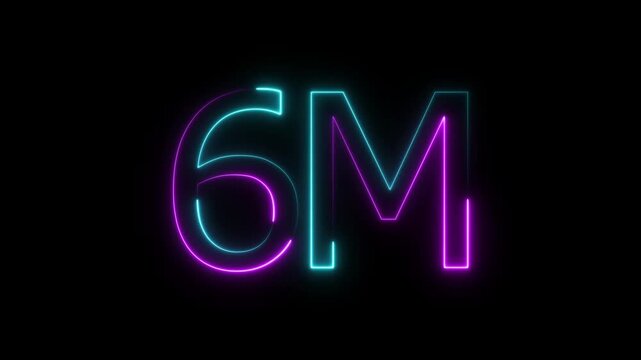 glowing neon 6m followers Celebration text animation. 6m animation neon text effect video motion on transparent background