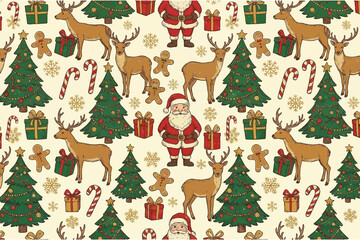 Vintage Christmas Seamless Pattern with Santa, Reindeer, Gifts and Trees