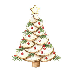 A Beautifully Designed Christmas Tree Illustration with Warm Tones, Perfect for Holiday Decor and Festive Celebrations, Featuring Wood, Ornaments, and a Star on Top