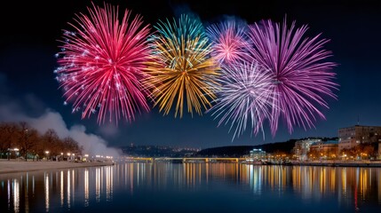 Colorful fireworks exploding over city river at night