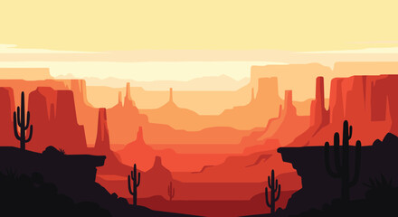 Breathtaking pixel art illustration of a Grand Canyon-like desert landscape at sunset, showcasing layers of red and orange rock formations with cactuses.