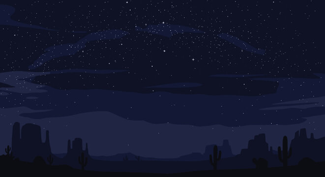 Serene pixel art night landscape of a vast desert featuring silhouetted mesas, buttes, and cactuses under a dark, star-filled sky.