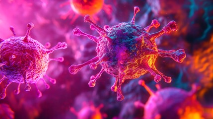 A vibrant representation of microscopic viruses captured through generative art. The image showcases swirling colors and intricate details. It invokes curiosity and wonder. Generative AI