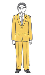 ニヒルな笑みで立っているスーツの中年男性（シンプル）