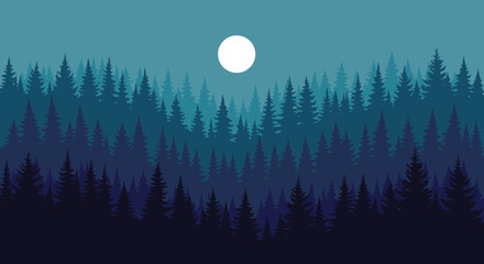 Enchanting pixel art night forest landscape featuring dense pine trees under a bright full moon, bathed in dark blue and teal hues.