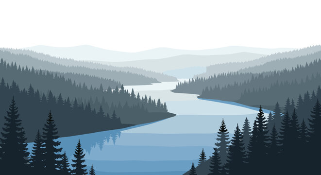 Serene pixel art landscape depicting a wide river winding through a dense pine forest with misty, layered mountains in cool blue tones.