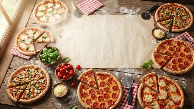 A tempting overhead shot displays an inviting assortment of freshly baked pizzas arranged on a rustic wooden table bathed in warm, soft light. Multiple delicious flavors are showcased, including a cla