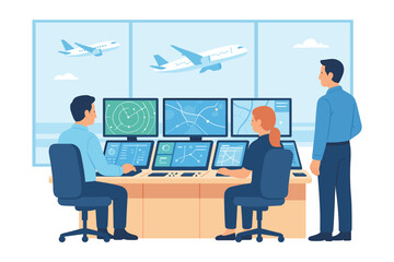 Air traffic controllers monitoring aircraft flight paths and radar screens inside airport control center with multiple monitors and teamwork, flat vector illustration