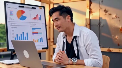 Analyzing graphs with digital tools, Professional reviewing trends using charts and computers, Person analyzing various data points and trends in corporate setting using advanced technology